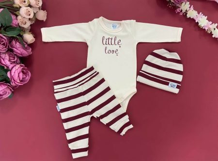 Komplet za bebe – pamučni bodi sa vezom + prugasti donji dio i kapica